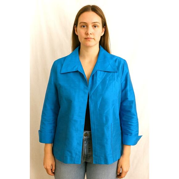 Caroline Rose Blue 100% Silk Open Front 3/4 Sleeve Topper Jacket LARGE - Picture 3 of 15